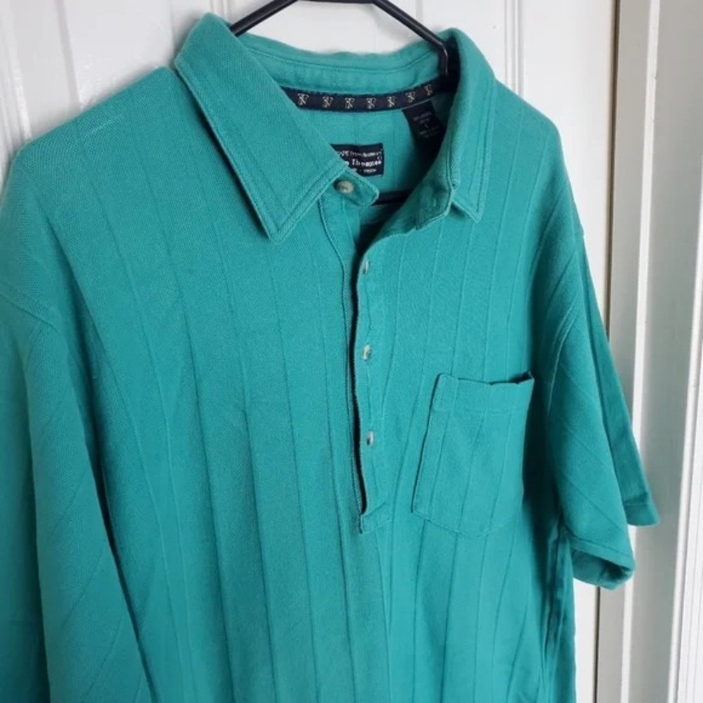 Norm Thompson Polo Shirt Teal Vertical Stripe Textured Combed Cotton Mens Large